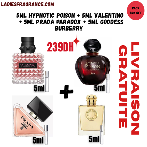 5ml hypnotic poison + 5ml valentino  + 5ml prada paradox + 5ml Goddess Burberry